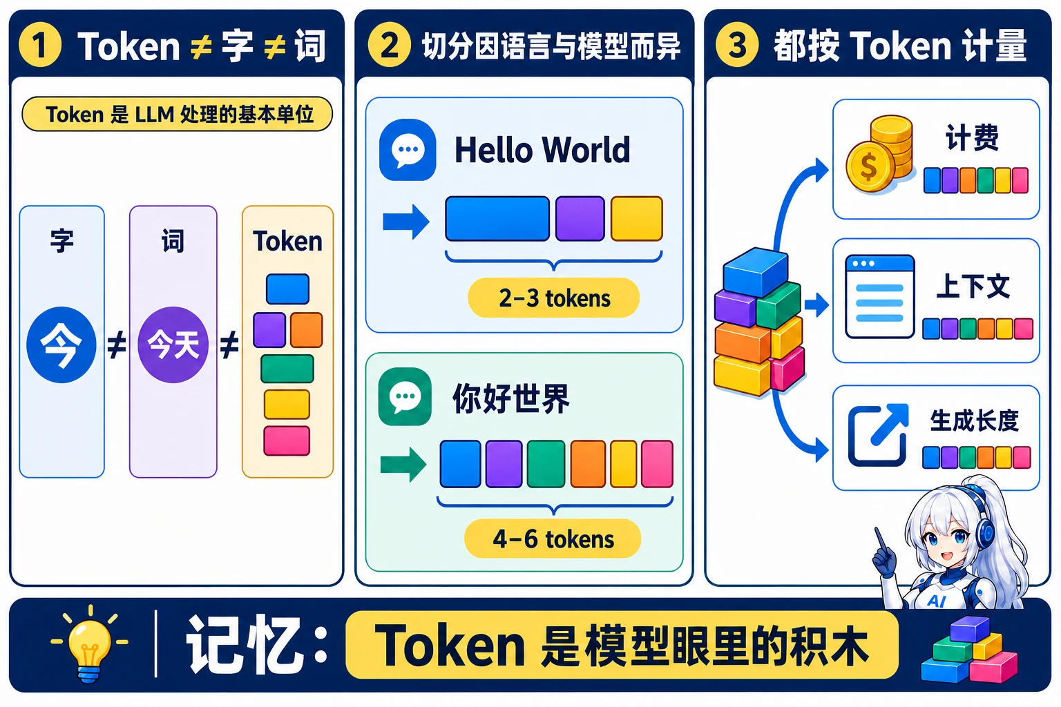 Token 动漫知识图:Token 不等于字或词,不同语言和模型的切分方式不同,计费、上下文和生成长度均按 Token 计量