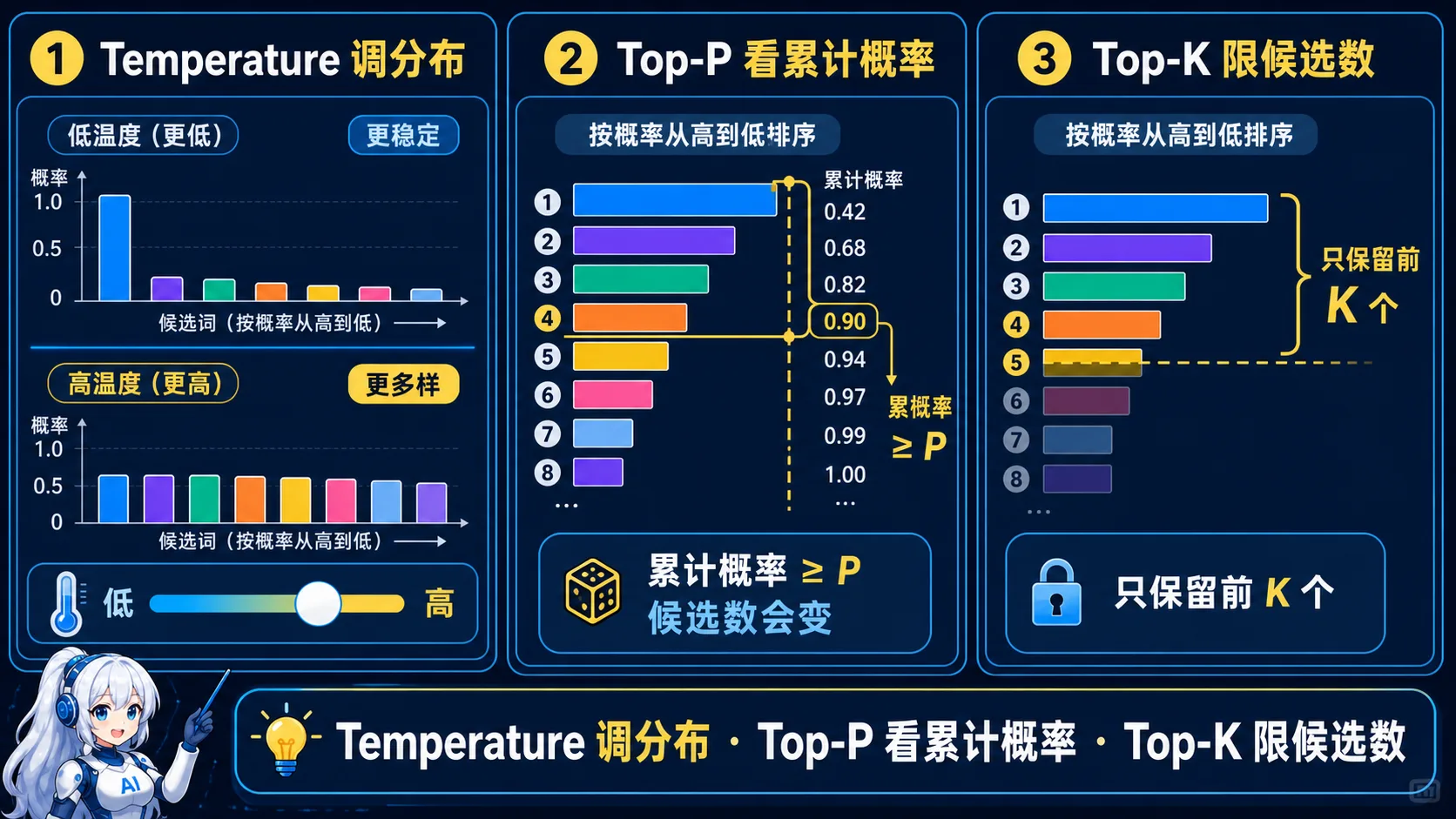 采样参数动漫知识图:Temperature 调整概率分布的平坦程度,Top-P 按累计概率动态选择候选集合,Top-K 固定保留概率最高的 K 个候选