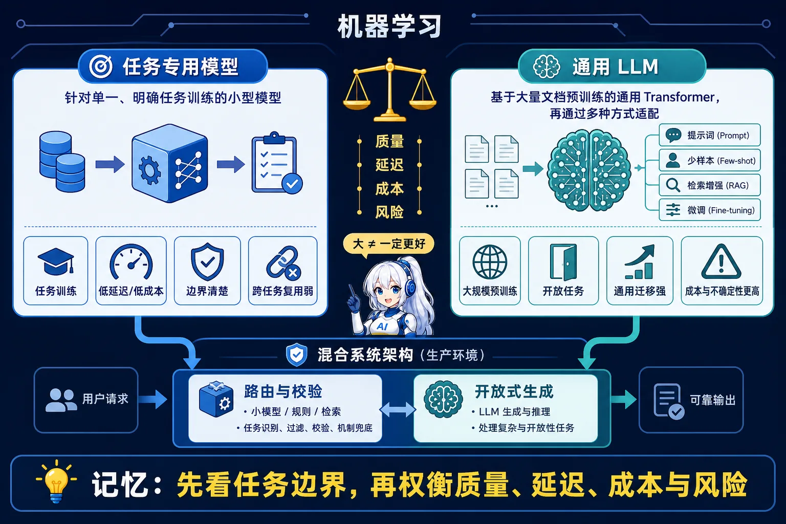 任务专用模型与通用 LLM 对比动漫知识图:两者都属于机器学习,应依据任务边界、质量、延迟、成本和风险选型,也可组合成混合系统