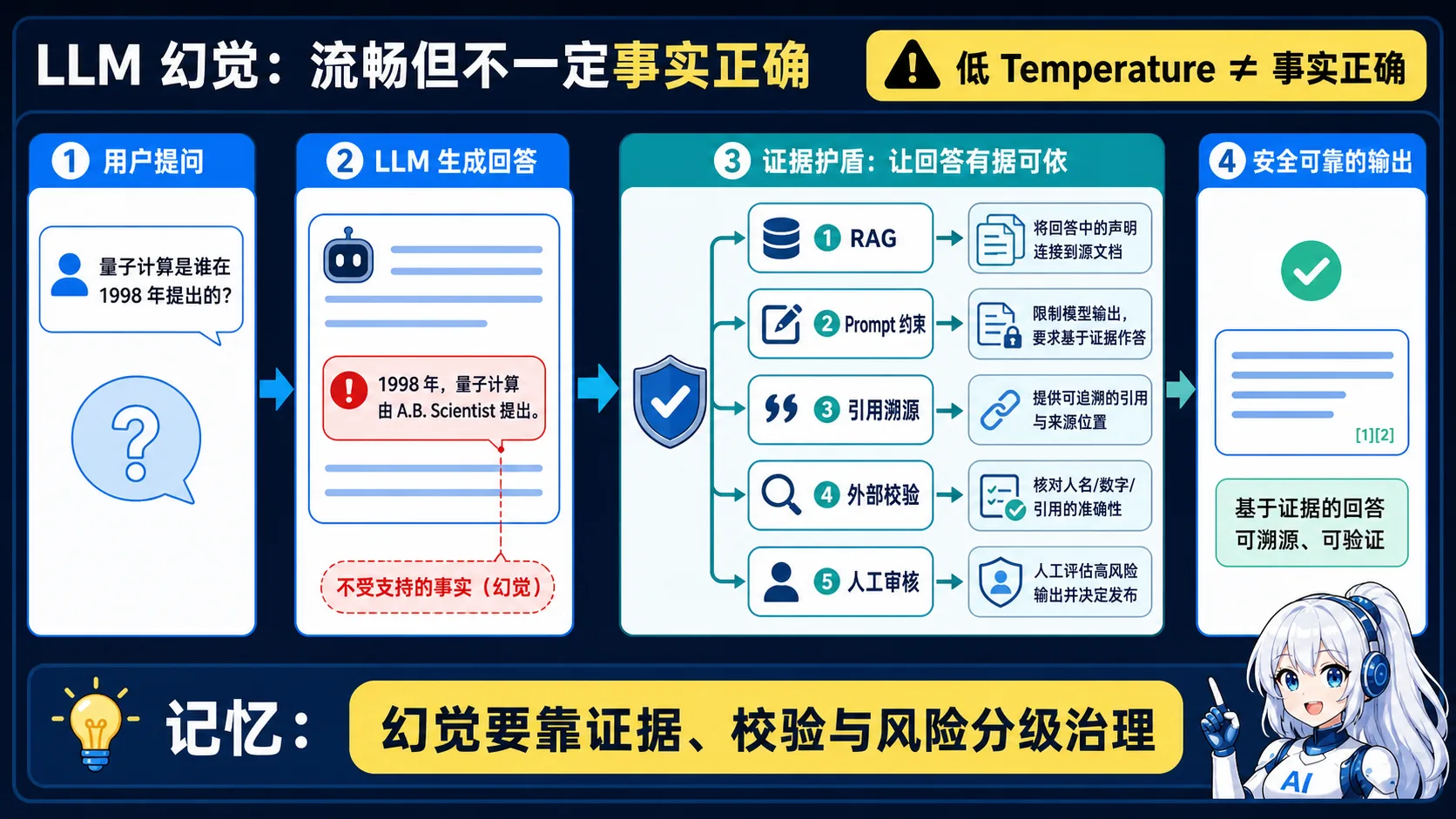 LLM 幻觉治理动漫知识图:流畅回答可能包含无依据事实,应通过 RAG、提示约束、引用溯源、外部校验和人工审核建立证据防线