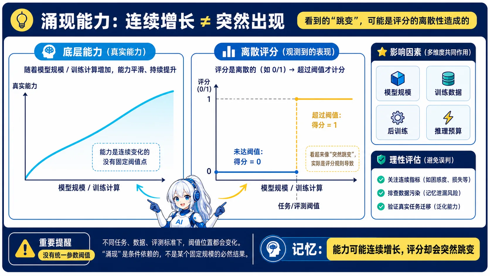 涌现能力动漫知识图:底层能力可能随规模和计算连续增长,但离散评分跨过阈值时会表现为突然跳变,因此不存在统一参数阈值
