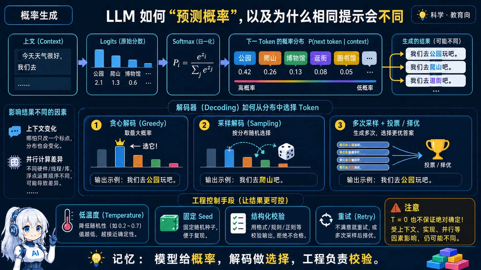 LLM 概率生成动漫知识图:上文经过 Logits 和 Softmax 得到下一 Token 概率分布,贪心或采样等解码策略从分布中选择 Token,工程侧再做稳定性与格式校验