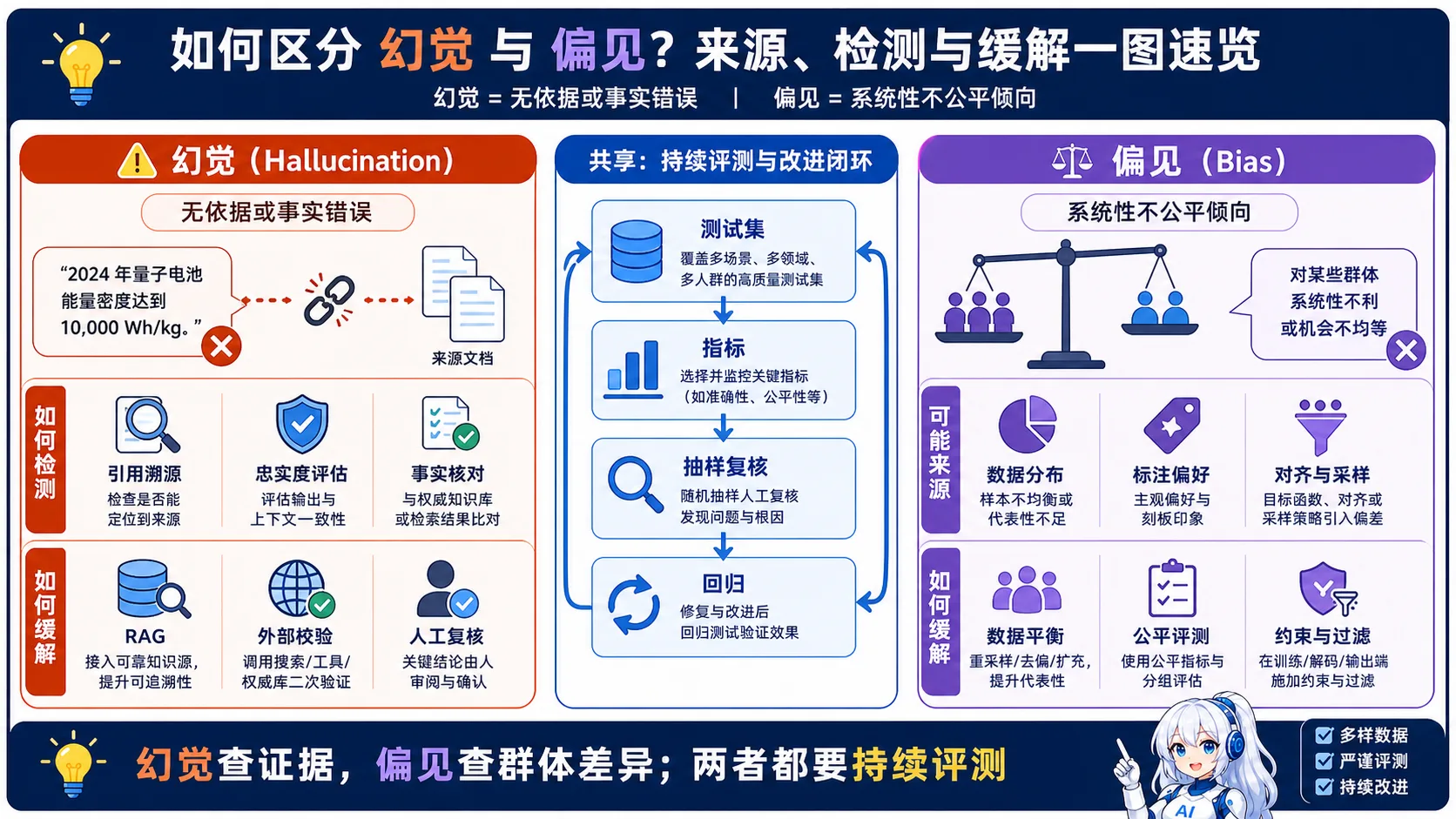 幻觉与偏见对比动漫知识图:幻觉关注回答是否有事实依据,偏见关注不同群体是否受到系统性不公平影响,两者需要不同检测方法和持续评测闭环