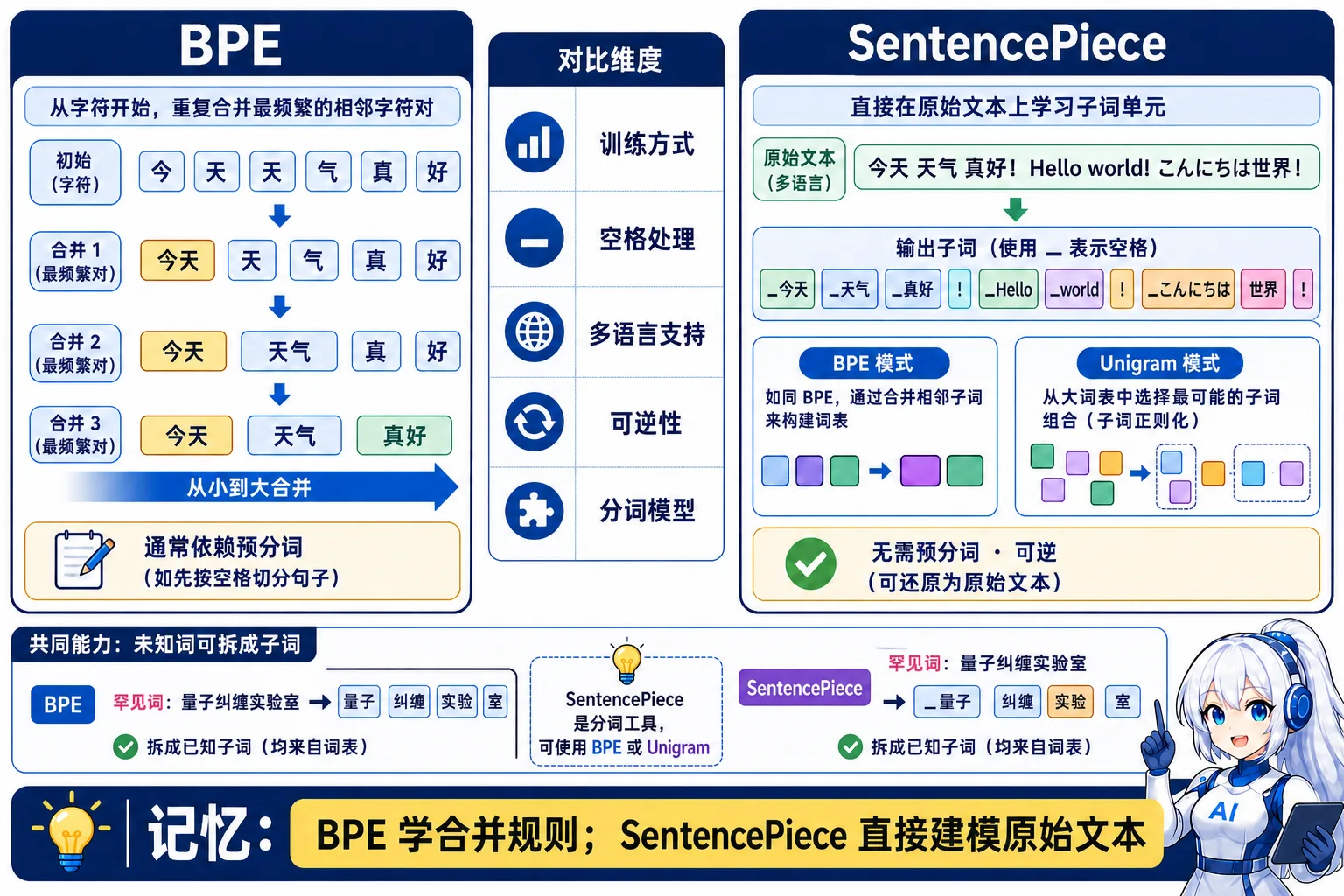 BPE 与 SentencePiece 动漫知识图:BPE 学习高频相邻子词的合并规则,SentencePiece 直接在原始文本上训练并可使用 BPE 或 Unigram,两者都能把罕见词拆为已知子词