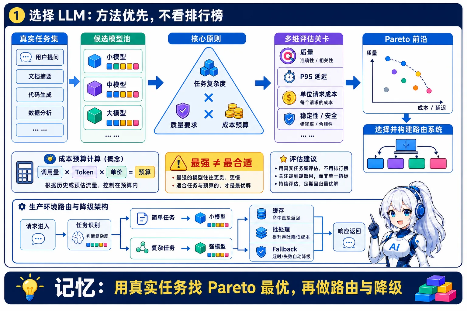 LLM 选型方法动漫知识图:用真实任务集比较候选模型的质量、P95 延迟、单位请求成本、稳定性与安全,寻找 Pareto 前沿并设计路由和降级