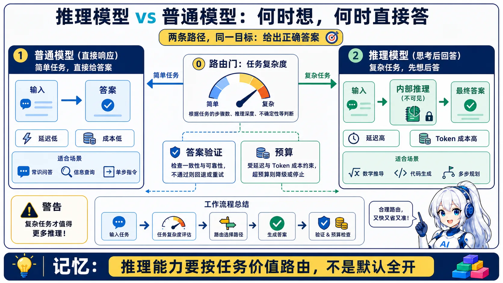 推理模型与普通模型动漫知识图:依据任务复杂度将简单任务路由到直接响应,将复杂任务路由到内部推理,并统一做答案验证和预算控制