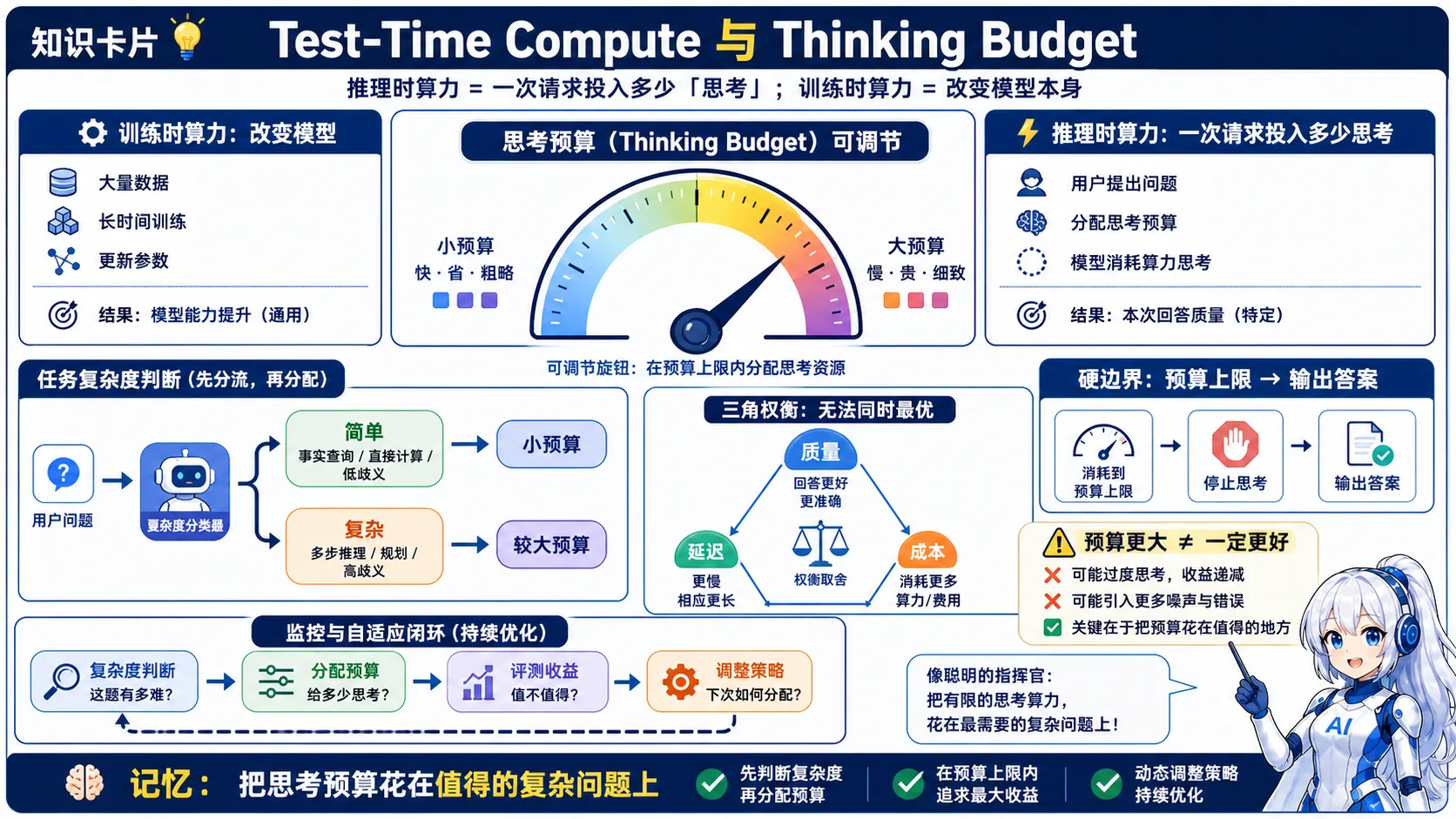 测试时算力与思考预算动漫知识图:推理时可根据任务复杂度分配不同思考预算,并在质量、延迟和成本之间权衡和持续评测