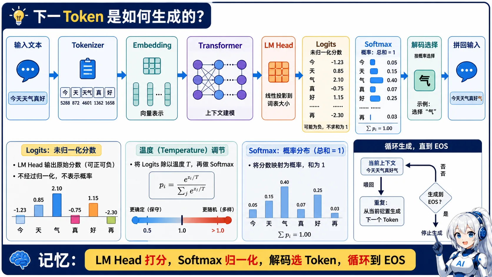 下一 Token 生成动漫知识图:输入经 Tokenizer、Embedding、Transformer 和 LM Head 得到未归一化 Logits,再经 Softmax 和解码选择 Token,循环直到 EOS