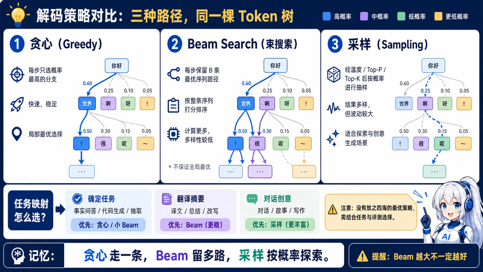 解码策略对比动漫知识图:贪心每步保留最高概率分支,Beam Search 保留多条高分序列路径,采样按概率探索不同分支