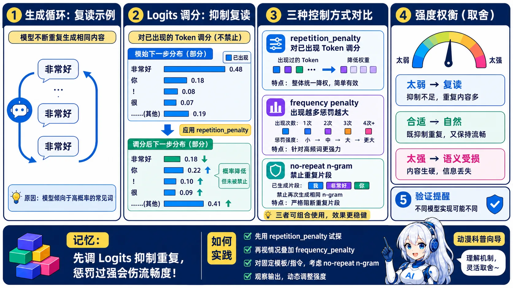 重复惩罚动漫知识图:通过调整已出现 Token 的 Logits、按频次惩罚或禁止重复 n-gram 抑制复读,但惩罚过强会损伤语义和流畅度