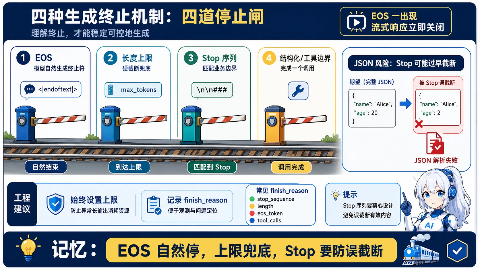 生成终止机制动漫知识图:EOS 自然终止、长度上限硬截断、Stop 序列业务终止及结构化或工具边界终止,并提示 JSON 误截断风险