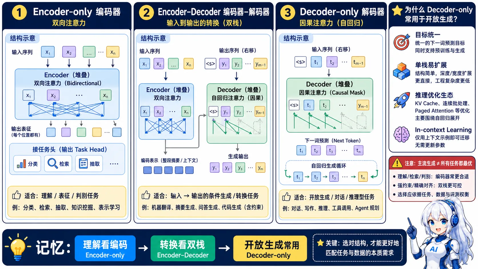 Transformer 架构对比动漫知识图:Encoder-only 擅长理解表征,Encoder-Decoder 擅长条件转换,Decoder-only 用因果注意力统一下一词预测和开放生成