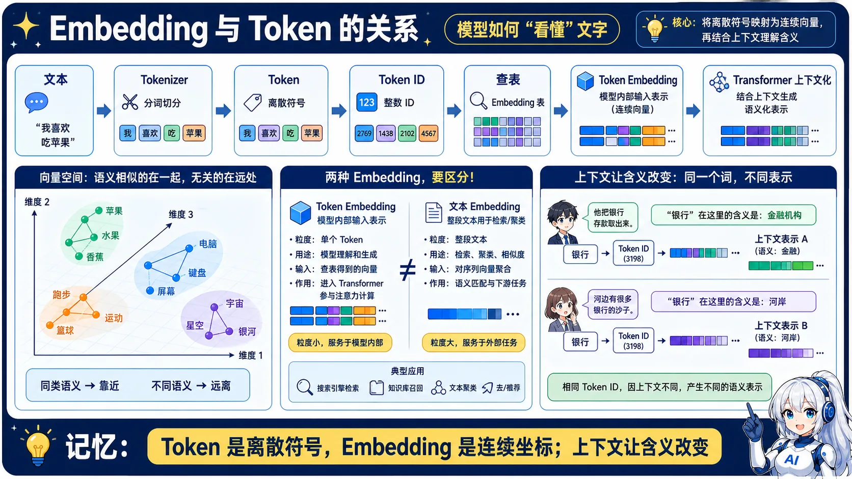 Token 与 Embedding 动漫知识图:文本切分为离散 Token 和 Token ID 后查表得到连续向量,再经 Transformer 上下文化;文本 Embedding 则服务于检索和聚类
