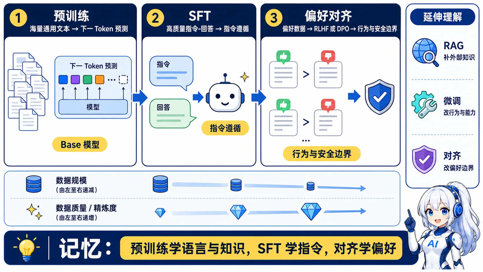 LLM 训练三阶段动漫知识图:预训练通过下一 Token 预测学习语言和知识,SFT 学习指令遵循,RLHF 或 DPO 使用偏好数据建立行为与安全边界