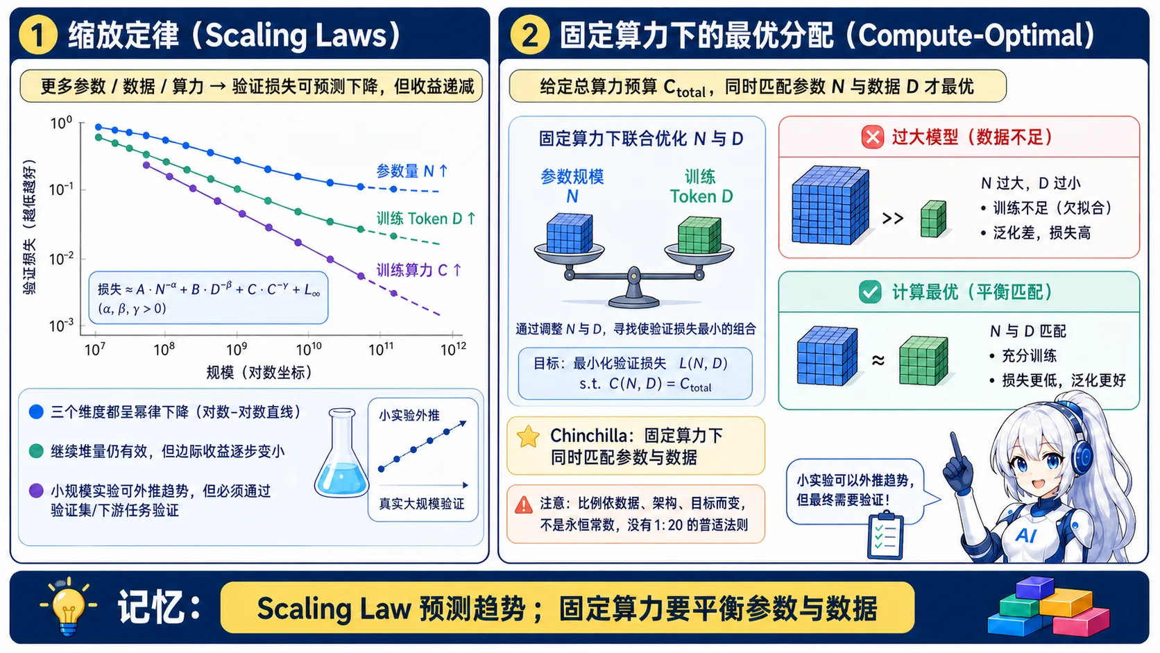 Scaling Law 动漫知识图:参数、训练数据和算力增加时验证损失呈可预测下降但收益递减,固定算力下需要联合优化参数规模与训练 Token 数