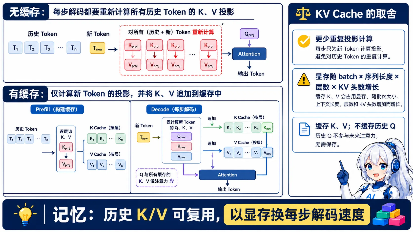 KV Cache 动漫知识图:Prefill 建立各层 K/V 缓存,Decode 每步仅为新 Token 计算 Q/K/V,将 K/V 追加并让当前 Q 关注历史缓存,以显存换取更少重复计算