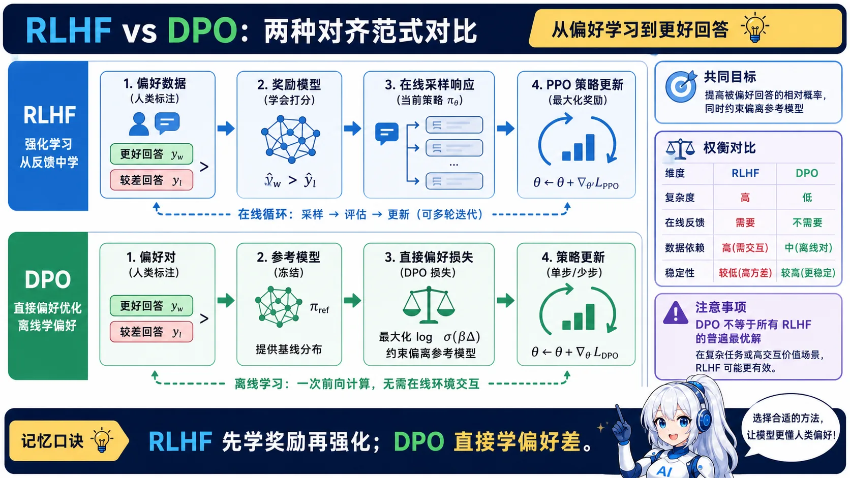 RLHF 与 DPO 对比动漫知识图:RLHF 先训练奖励模型再在线采样并用 PPO 更新策略,DPO 使用偏好对和参考模型直接优化偏好损失