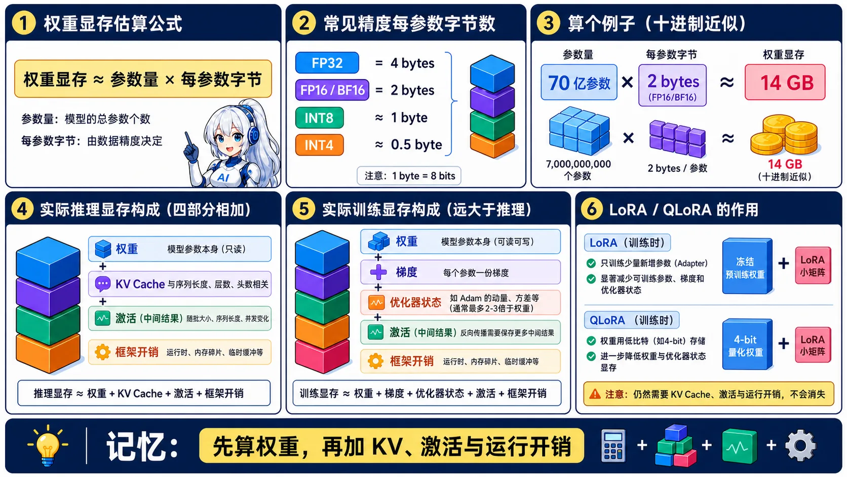模型显存估算动漫知识图:权重显存约等于参数量乘每参数字节,实际推理还需 KV Cache、激活和框架开销,训练还需梯度与优化器状态