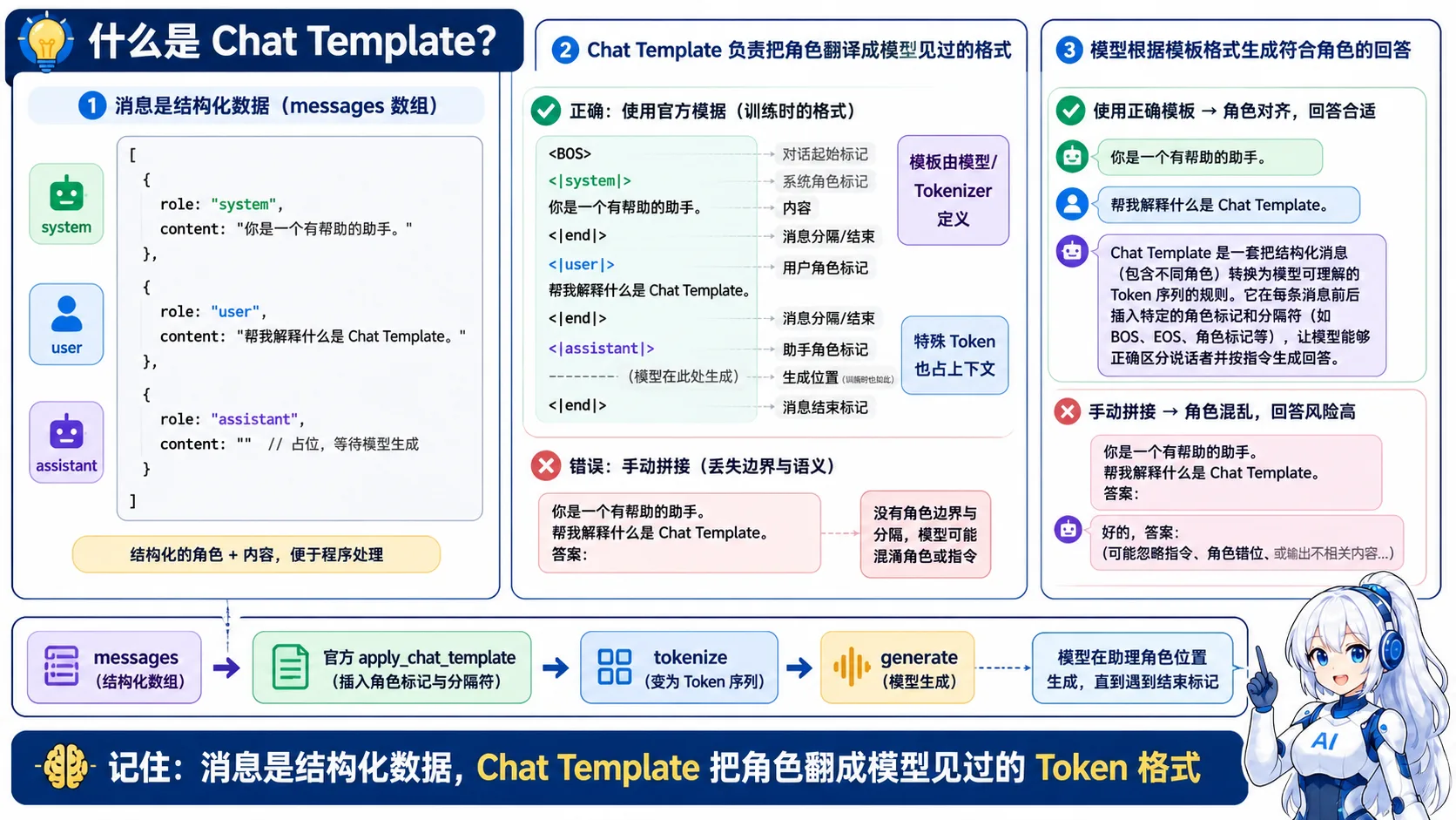 Chat Template 动漫知识图:结构化 messages 经模型官方模板插入角色标记、分隔和特殊 Token,转换为训练时见过的输入格式,手工拼接可能造成角色混乱