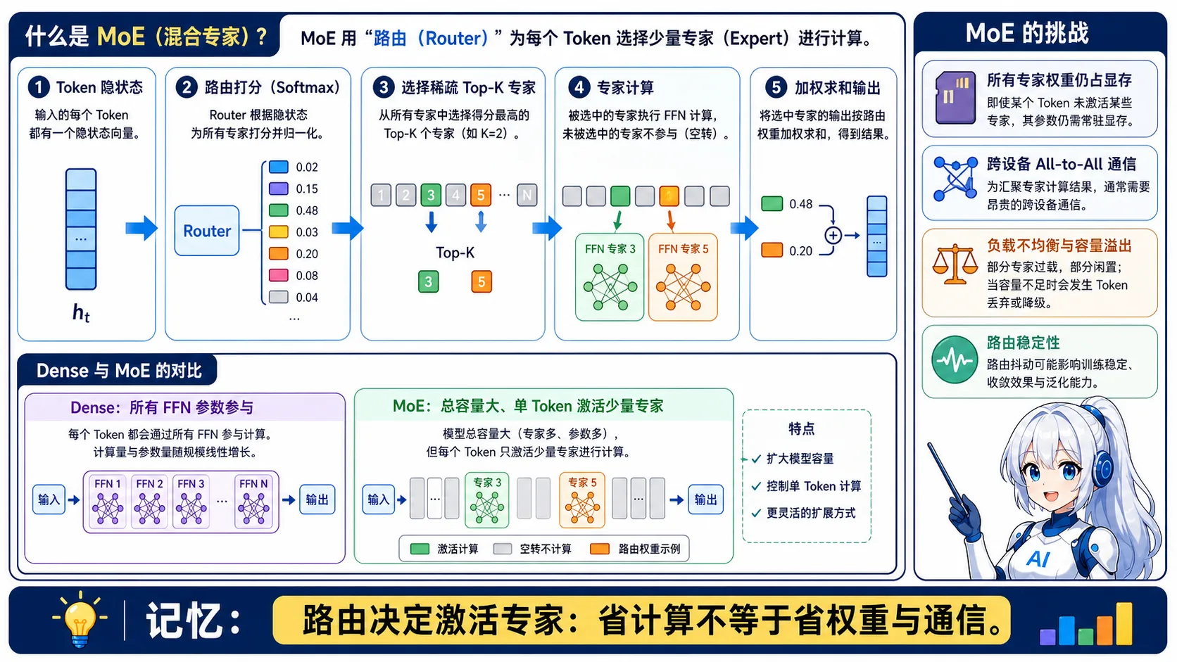 MoE 动漫知识图:路由器为每个 Token 选择少量专家计算并加权汇总,扩大模型容量但仍需加载专家权重,并面对通信、负载均衡和路由稳定性问题
