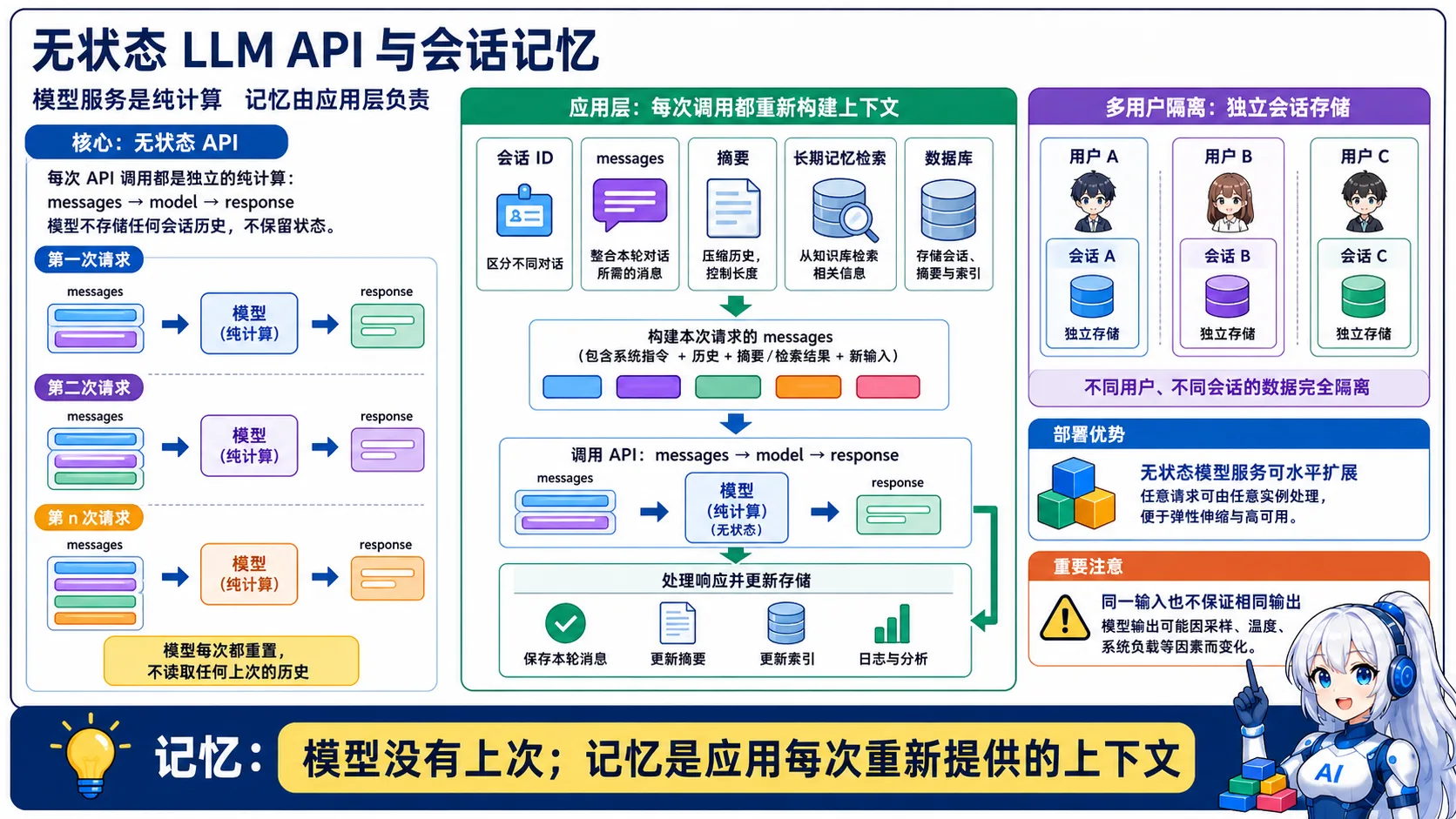 无状态 LLM API 动漫知识图:每次调用都是独立计算,应用层维护会话 ID、历史消息、摘要、长期记忆检索和持久化,并在每次请求重建上下文