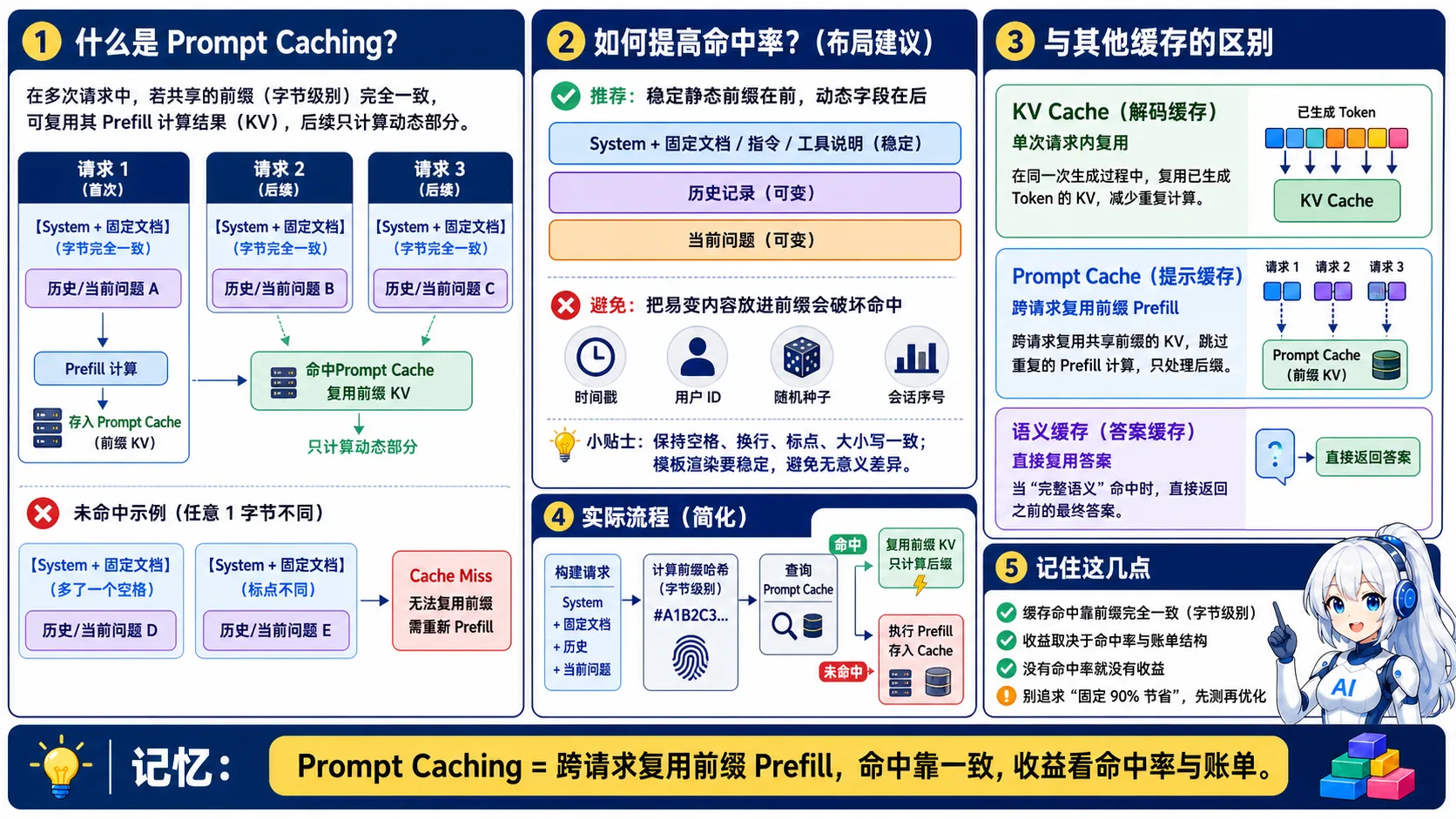 Prompt Caching 动漫知识图:多个请求在字节级前缀一致时跨请求复用前缀 Prefill 的 KV 结果,稳定静态内容应放前、动态字段放后,并区分解码 KV Cache 和语义缓存