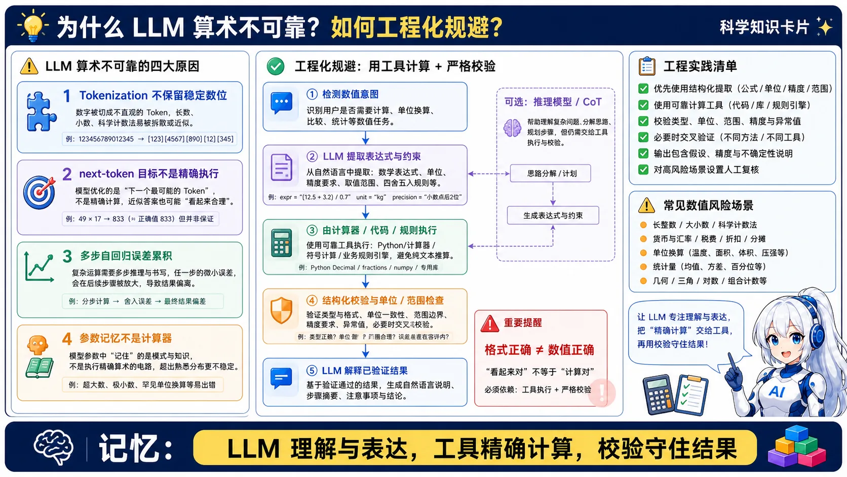 LLM 数学可靠性动漫知识图:数字分词、next-token 目标和误差累积使精确计算不可靠,工程上应由模型提取意图和约束、工具执行计算、结构化校验后再解释结果