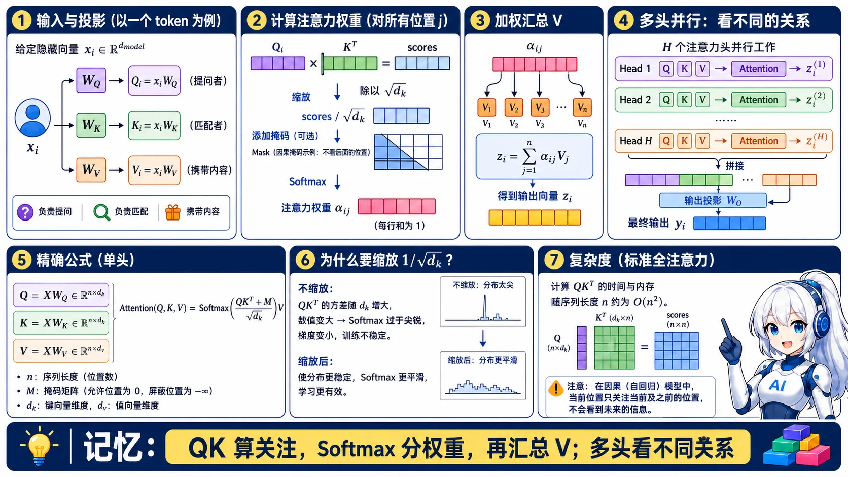Scaled Dot-Product Multi-Head Attention 动漫知识图:输入投影为 Q/K/V,QK 转置点积经缩放、掩码和 Softmax 得到权重,再加权汇总 V,多头并行后拼接投影