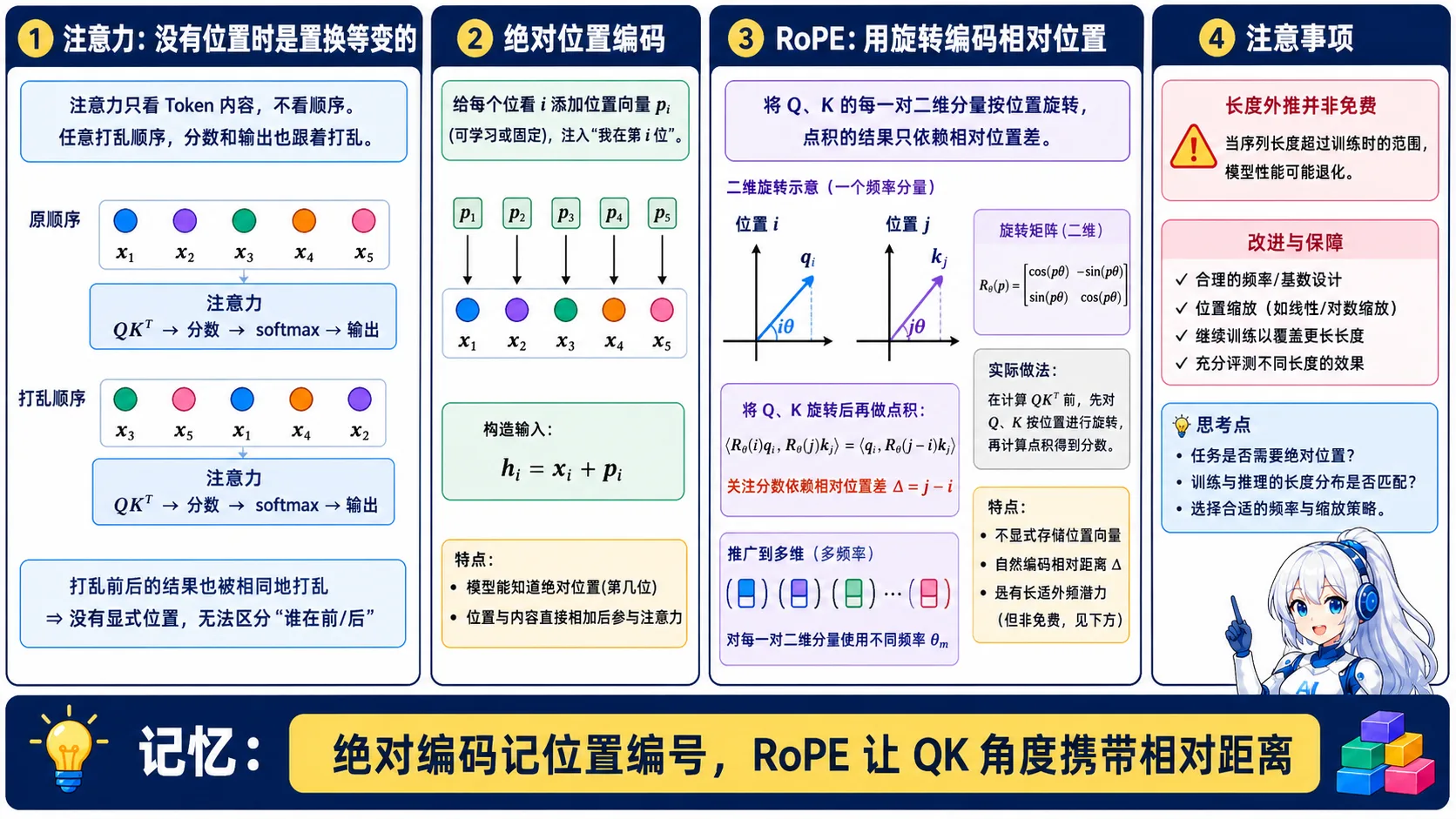 位置编码与 RoPE 动漫知识图:绝对位置编码给每个位置添加编号向量,RoPE 按位置旋转 Q/K,使注意力点积携带相对距离,并提示长度外推仍需缩放、训练和评测