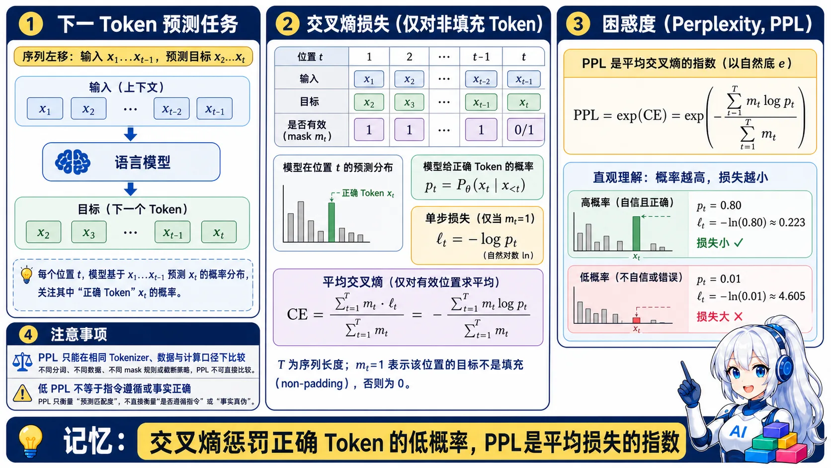 交叉熵与困惑度动漫知识图:下一 Token 预测使用左移目标,对非填充位置计算正确 Token 概率的负对数并求平均,Perplexity 是平均交叉熵的指数