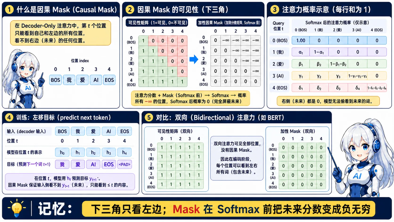 因果掩码动漫知识图:下三角可见性保证每个位置只能关注自身和左侧历史,在 Softmax 前把未来位置分数设为负无穷,使其注意力概率为零