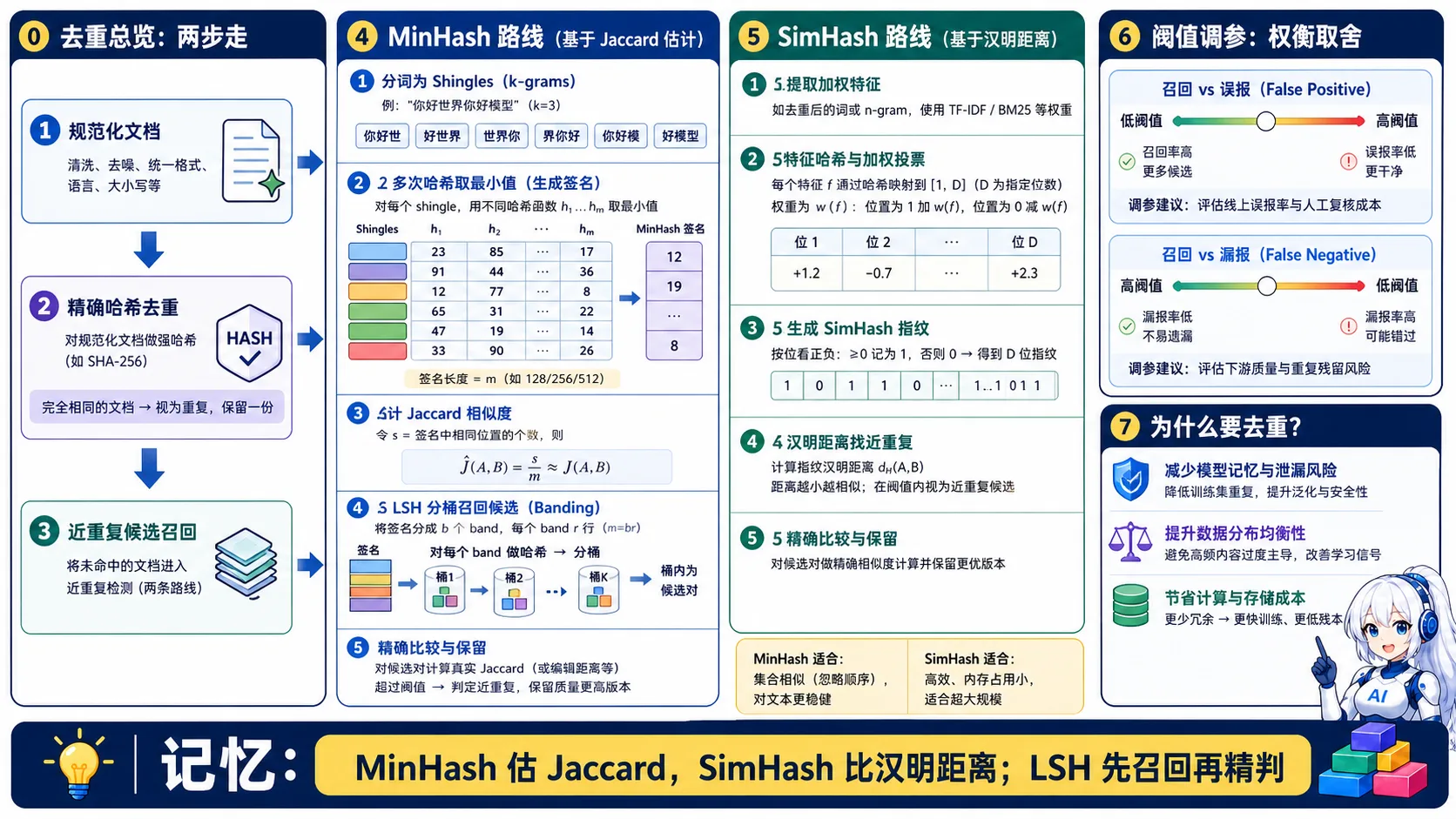 预训练数据去重动漫知识图:先规范化和精确哈希去重,再用 MinHash 签名相等比例估计 Jaccard 并经 LSH 召回,或用 SimHash 指纹汉明距离找近重复,最后精判保留高质版本