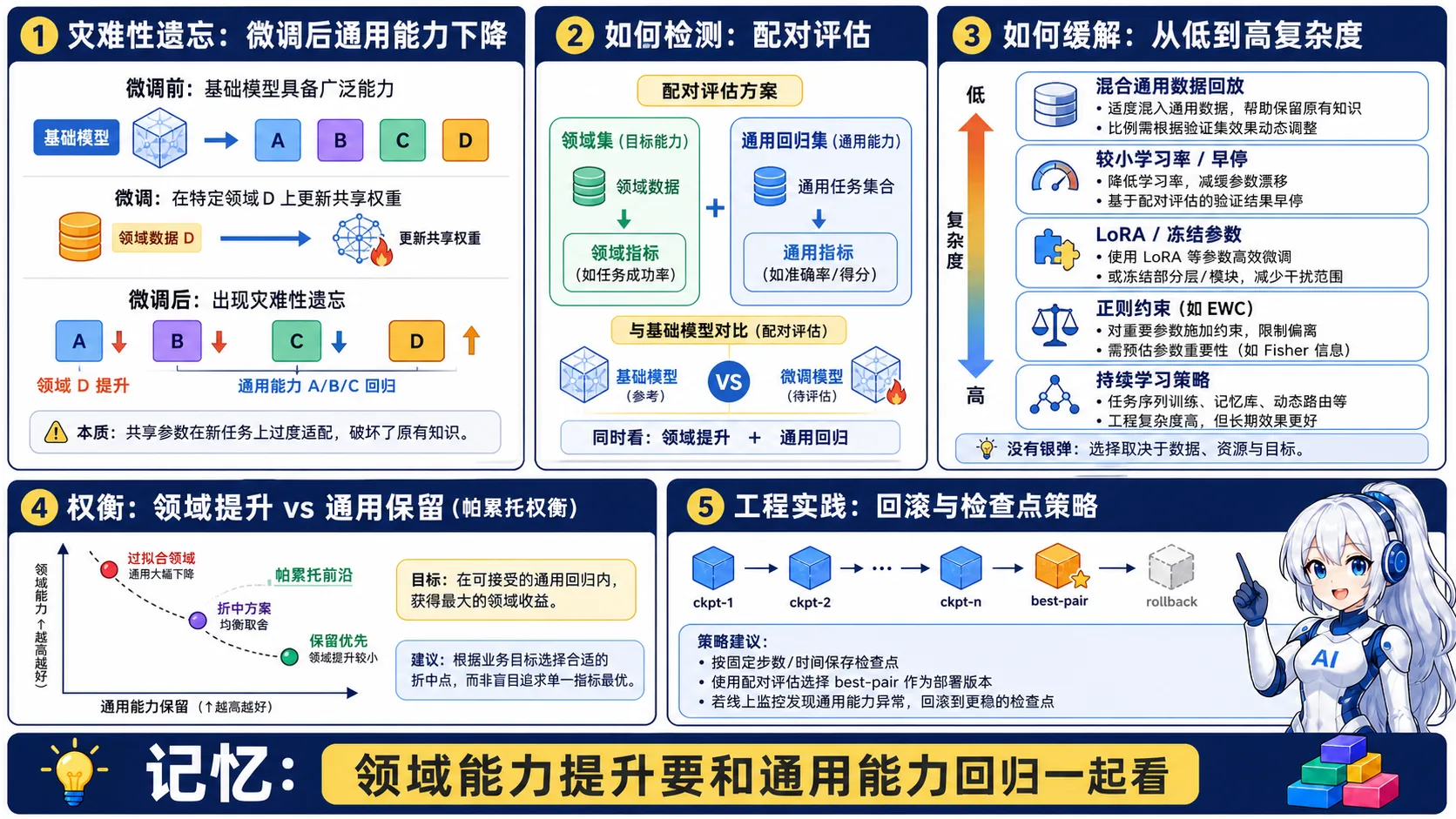 灾难性遗忘动漫知识图:狭窄领域微调可能提升领域能力却损伤通用能力,应以领域集和通用回归集配对评估,并通过数据回放、学习率早停、LoRA、正则和持续学习缓解