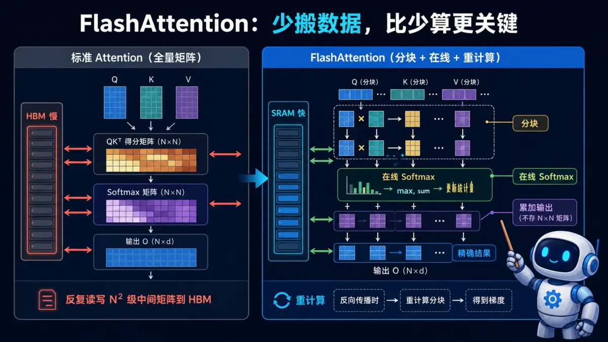 FlashAttention动漫知识图:传统Attention在HBM上两次读写中间矩阵,FlashAttention分块将计算全部留在SRAM,通过在线softmax和重计算避免写出QK^T和Attention矩阵