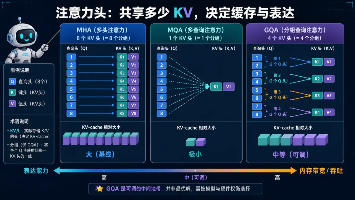 注意力变体动漫知识图:MHA各有独立KV头保精度但KVCache大,MQA所有头共享一个KV头省显存但精度降,GQA取折衷按组共享KV头兼顾速度与质量