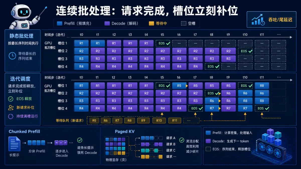 连续批处理动漫知识图:静态批处理等所有请求完成才释放GPU,连续批处理在迭代级别动态调度——请求完成立即腾出slot,新请求随时加入计算流