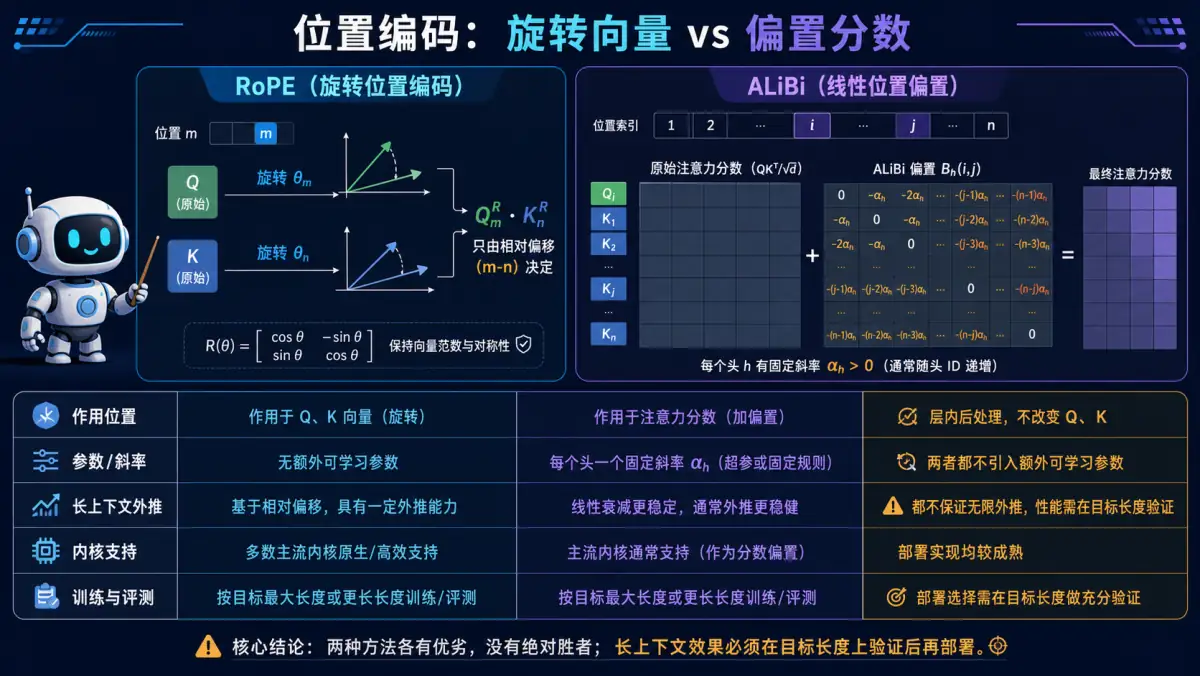 位置编码对比动漫知识图:RoPE通过旋转矩阵把相对位置信息注入QK内积,ALiBi则在Attention score上直接加线性衰减偏置,前者依赖训练时的长度后者天然外推到更长序列
