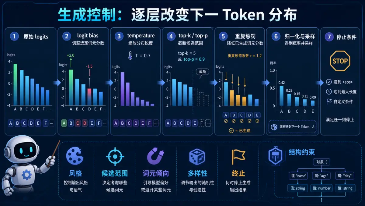 采样控制动漫知识图:温度控制概率分布的平滑程度,Top-K和Top-N限制候选集大小,重复惩罚降低已出现token的概率,logit_bias强制提升或压制特定词元,stop_sequences定义终止条件