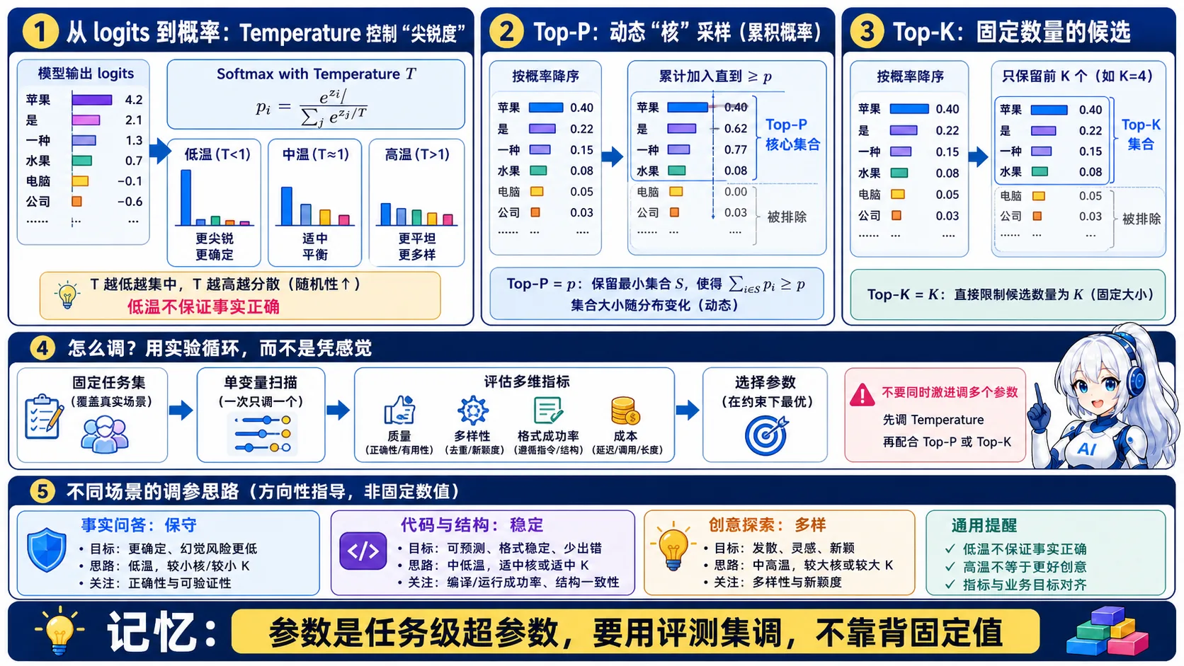 采样参数调优动漫知识图:Temperature 改变分布尖锐度,Top-P 按累计概率动态取核,Top-K 固定候选数,并用任务评测集做单变量调参