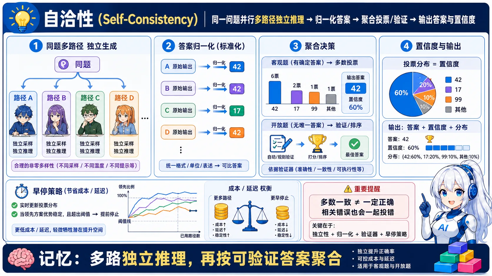 自洽性动漫知识图:独立采样多条推理路径,规范化候选答案,再通过投票或验证器聚合