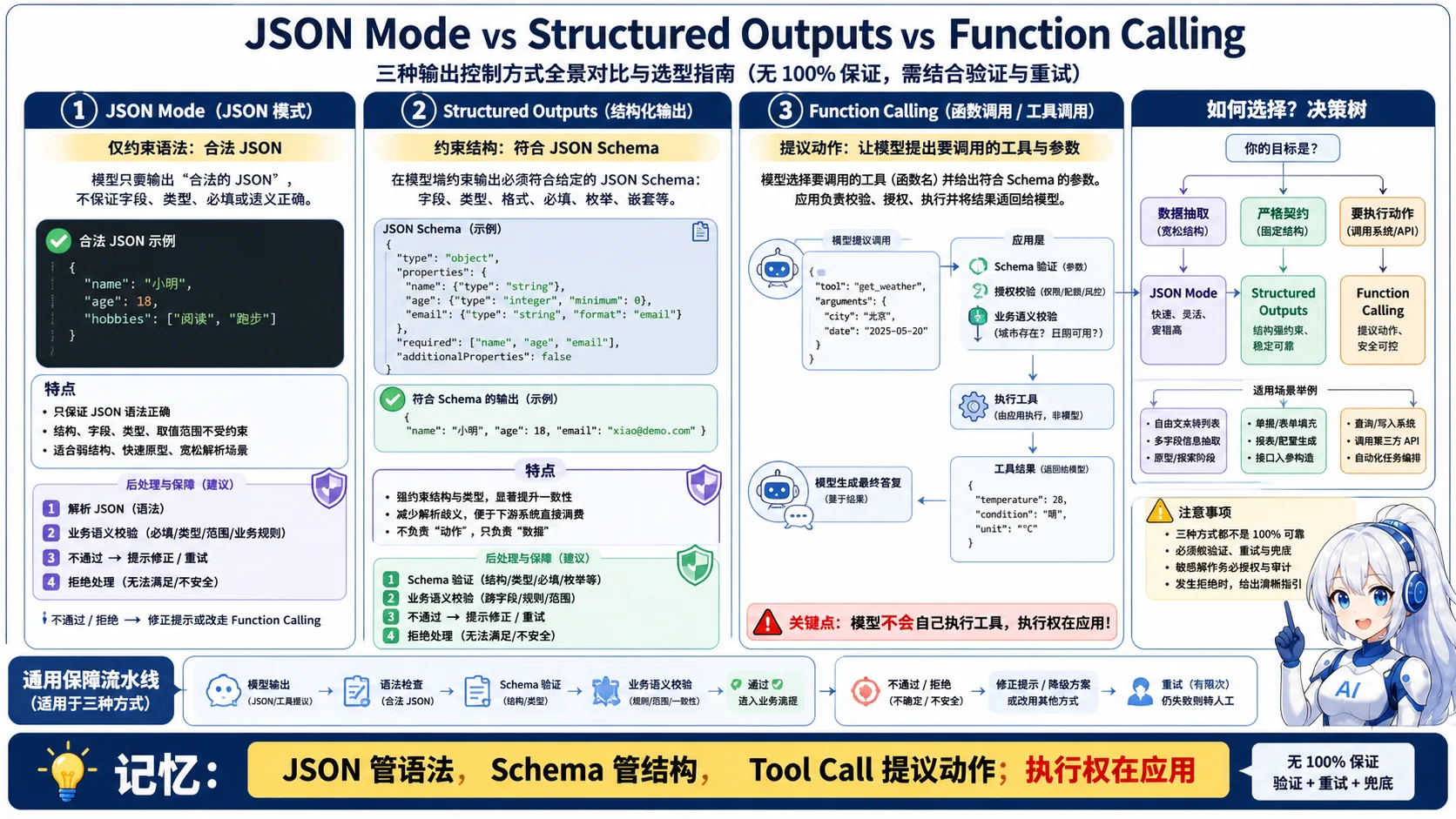结构化输出动漫知识图:JSON Mode 保证语法,Schema 约束结构,Function Calling 只提出工具调用,由应用执行