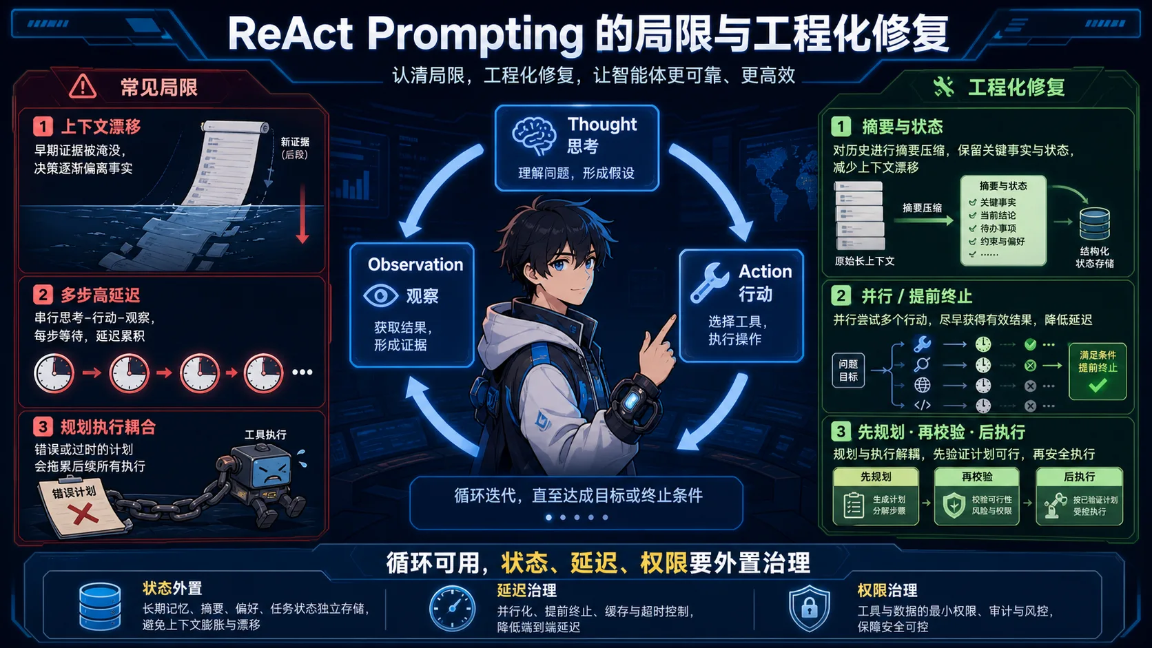 ReAct 局限与修复动漫知识图:上下文漂移、多步延迟和规划执行耦合,分别由状态摘要、并行终止和先规划再校验治理