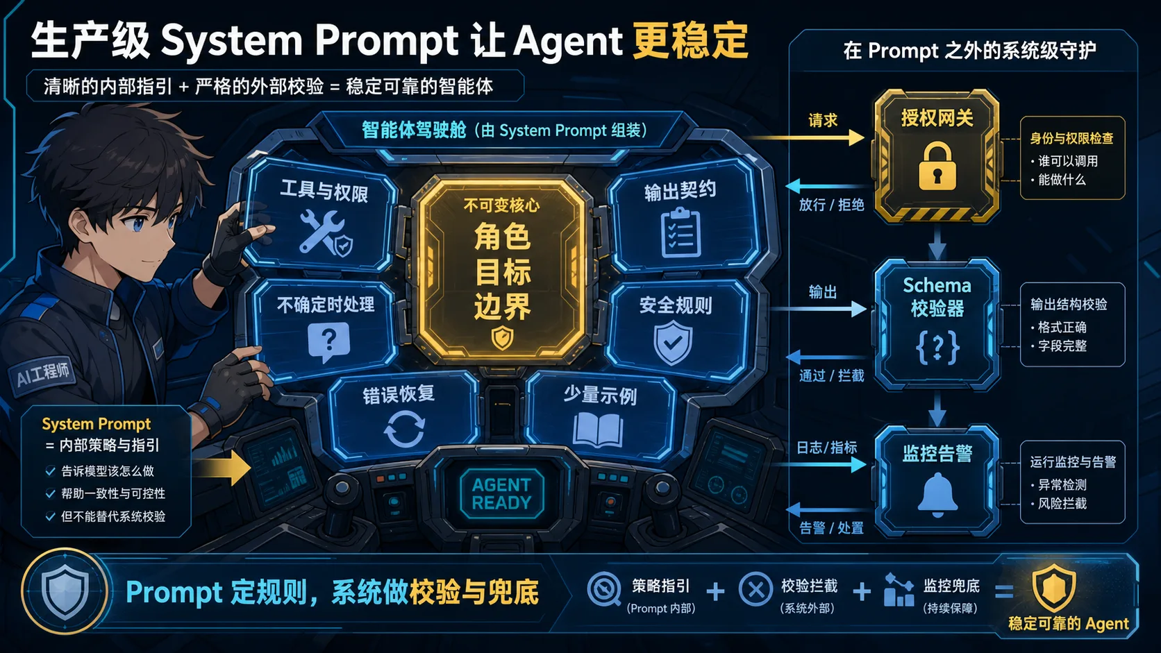 生产级 System Prompt 动漫知识图:角色目标边界为核心,配合工具权限、输出契约、安全、异常处理和系统外校验