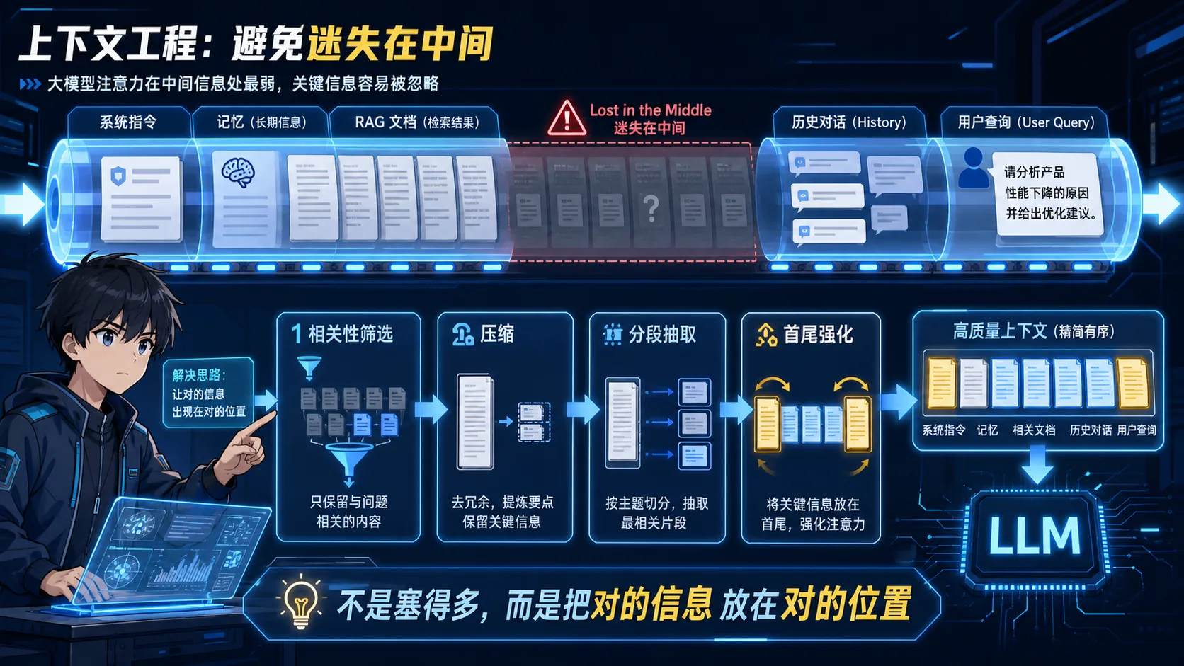 上下文工程动漫知识图:长上下文中间信息容易被忽略,通过相关性筛选、压缩、分段抽取和首尾强化重组上下文