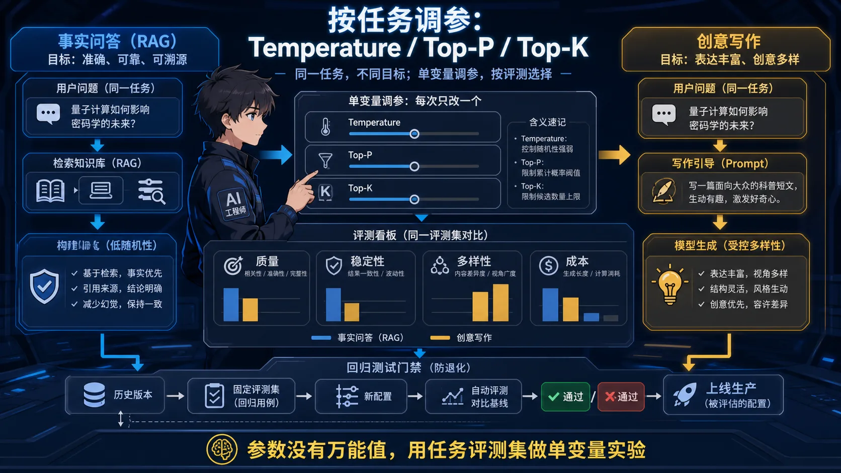 场景化采样调优动漫知识图:事实问答与创意写作目标不同,通过同一评测集做单变量实验并设置回归门禁