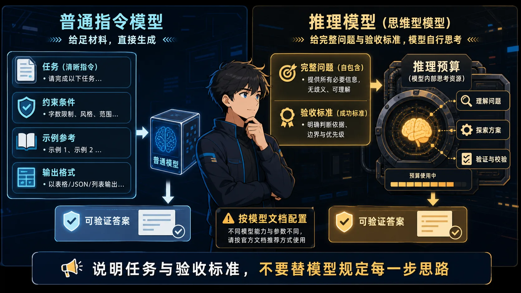 推理模型提示策略动漫知识图:普通模型接受清晰指令约束与示例,推理模型接收完整问题和验收标准并自行使用推理预算