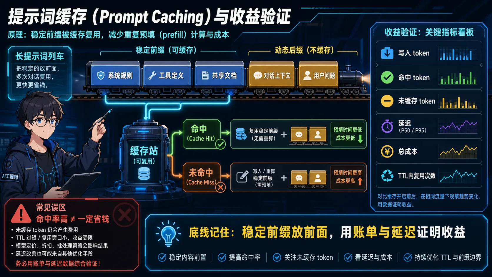提示词缓存动漫知识图:稳定前缀优先排列并被复用,动态内容置后,用写入命中 token、延迟、成本和复用次数验证收益