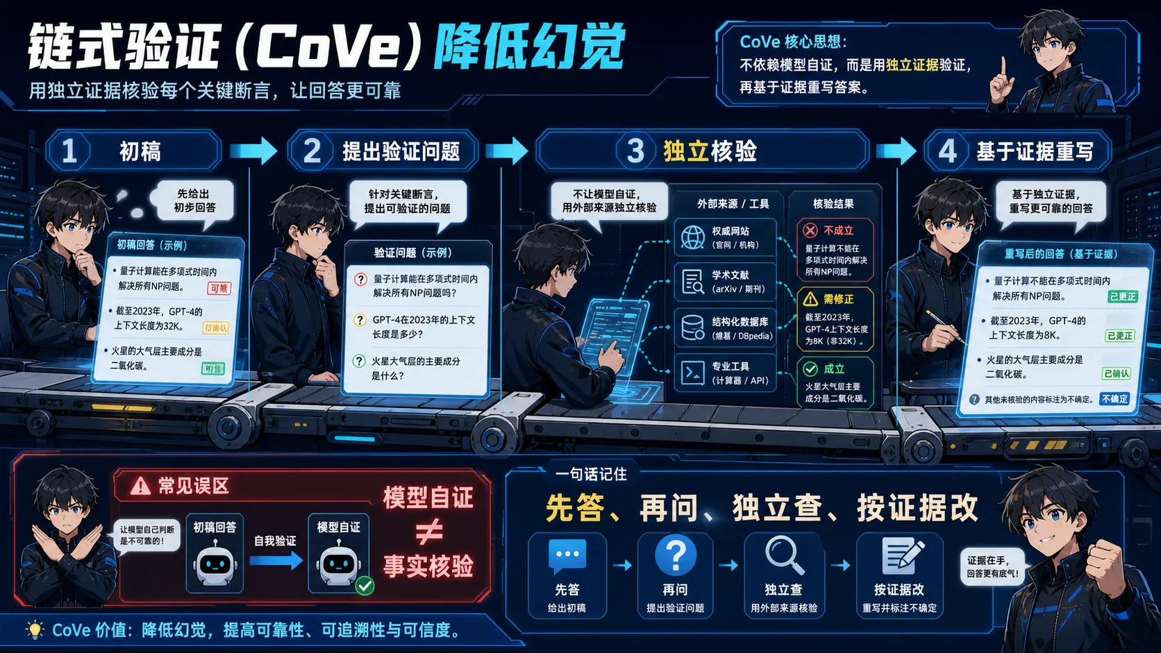 链式验证动漫知识图:先生成初稿,再提出验证问题,使用独立证据核验,最后根据证据重写答案