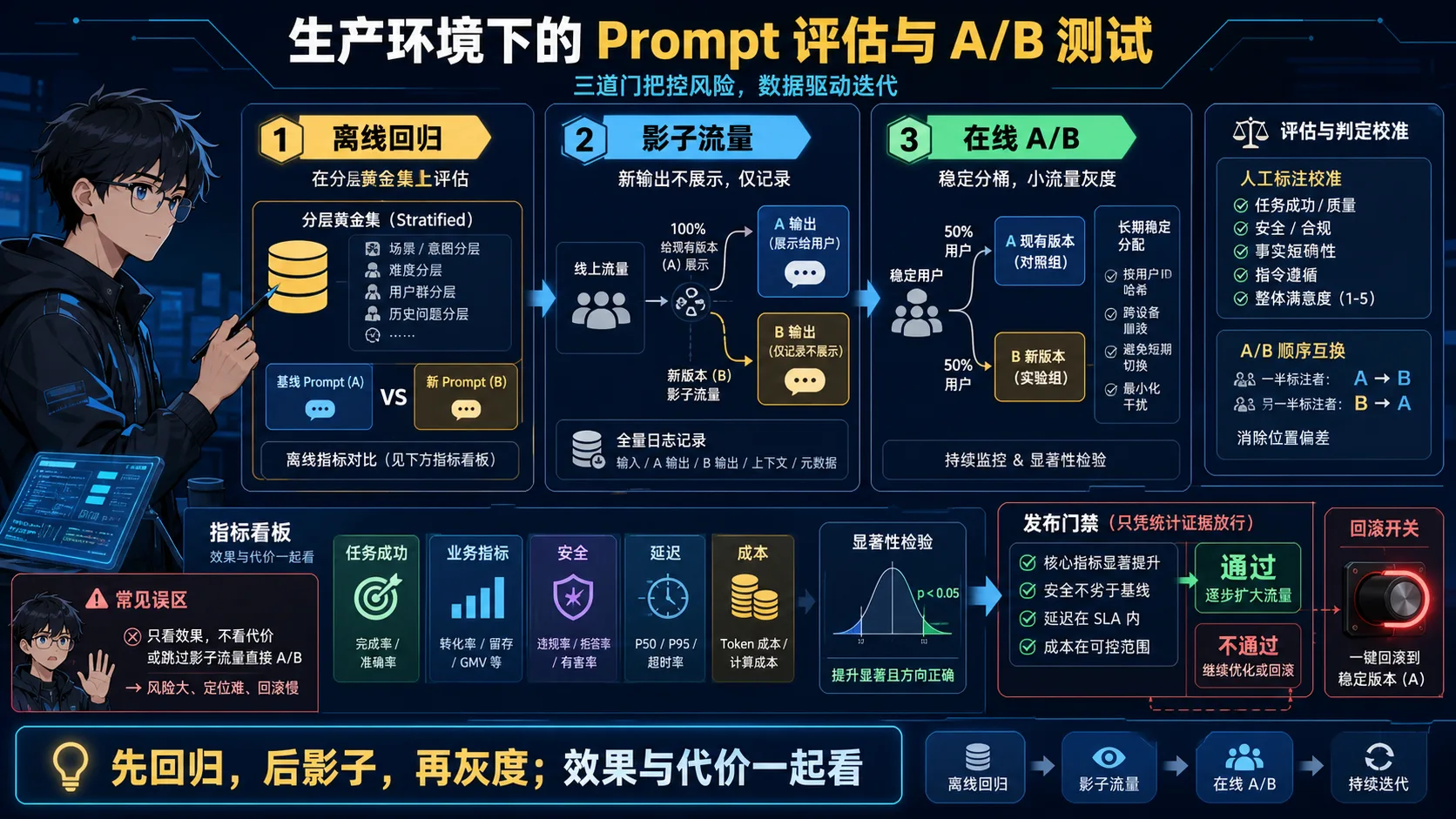 生产 Prompt 评估动漫知识图:依次经过离线回归、影子流量和在线 A/B,联合观察效果、安全、延迟与成本并保留回滚