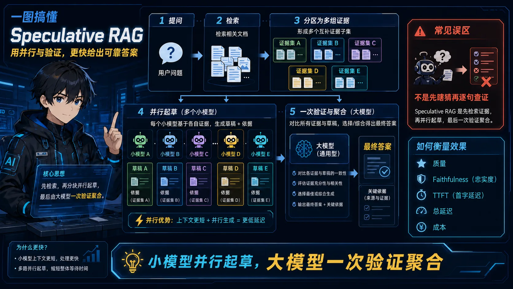 Speculative RAG 动漫知识图:检索证据被分组,小模型基于各组证据并行起草,大模型一次验证聚合最终答案